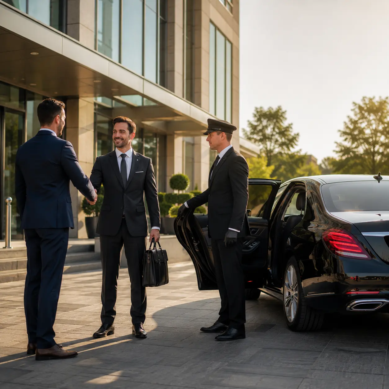 Star Taxis Lichfield chauffeur greeting a business client outside an office for corporate travel service