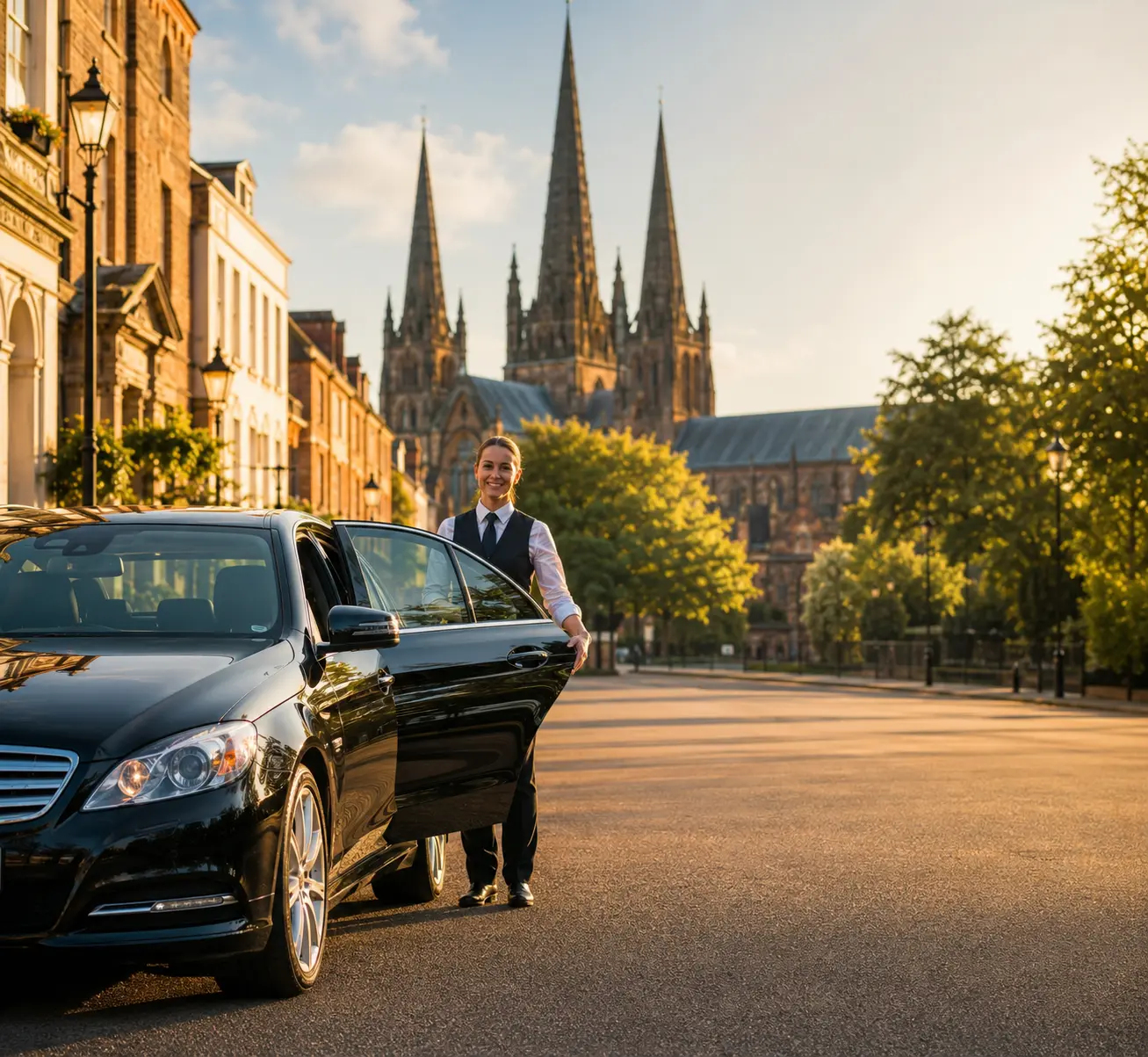 Professional Star Taxis Lichfield driver standing beside taxi vehicle with Lichfield Cathedral in the background